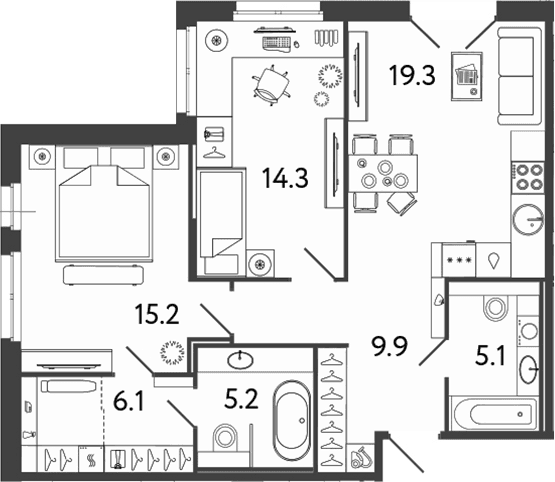 Планировка: Евротрёшка 75,1 м² в ЖК «Репин»