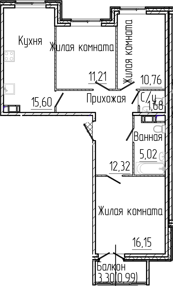 Планировка: Квартира евро-4 74,1 м² в ЖК «Сертолово Парк»