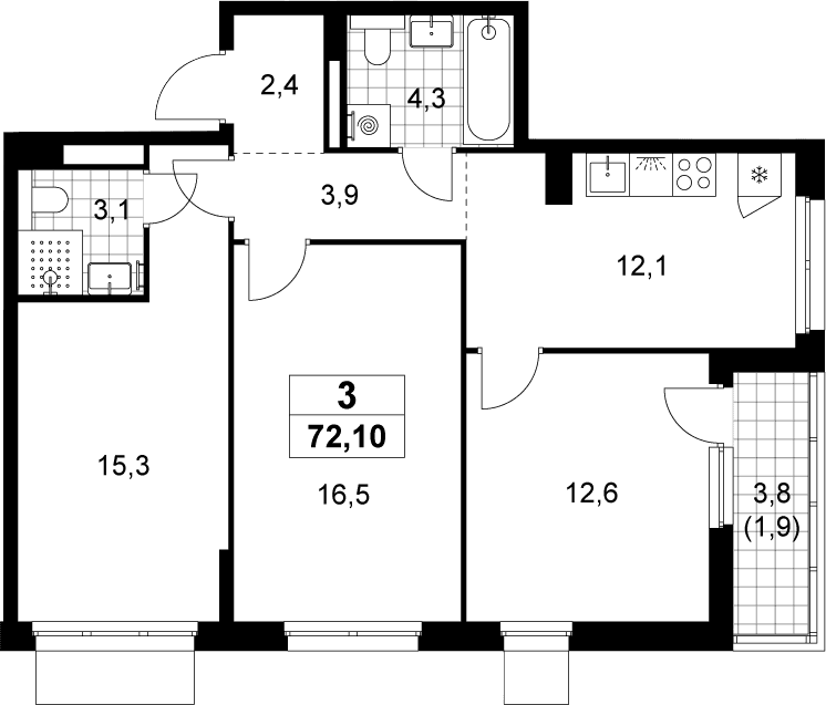 Планировка: 3-комнатная квартира 70,2 м² в ЖК «Деснаречье»
