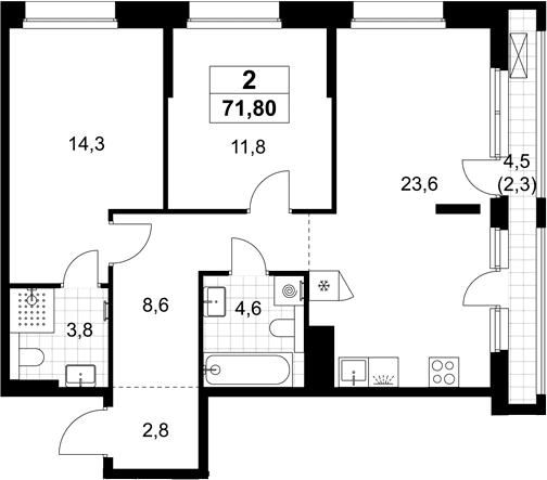 Планировка: Евротрёшка 69,5 м² в ЖК «Хольм»