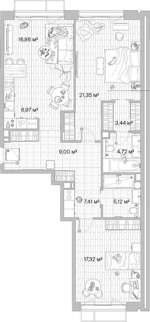 Планировка: Евротрёшка 92,2 м² в ЖК «МЫС»
