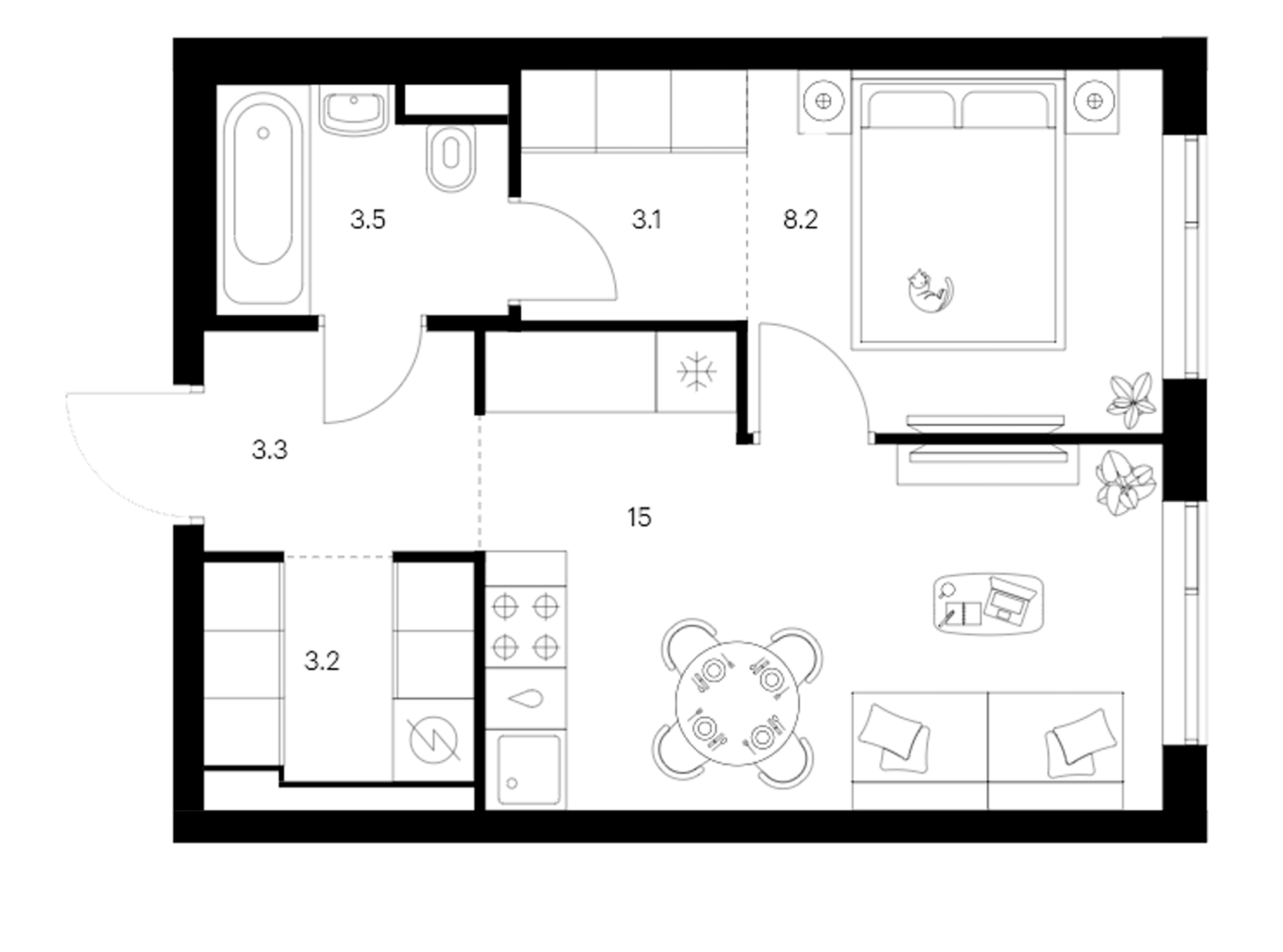 Планировка: 1-комнатная квартира 36,3 м² в ЖК «Бунинская набережная»
