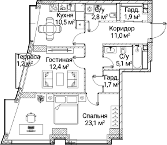 Планировка: 2-комнатная квартира 67,8 м² в ЖК «СЕЗАР БУДУЩЕЕ»