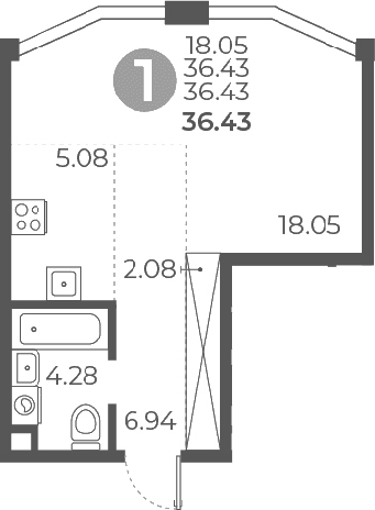 Планировка: Студия 36,4 м² в ЖК «Мневники от Гранель»
