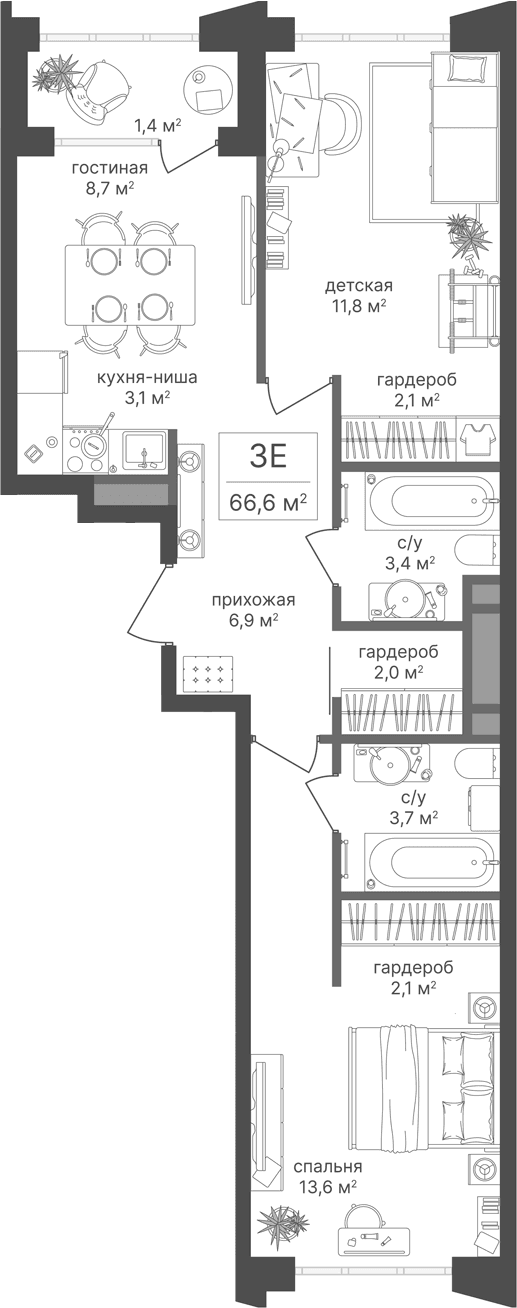 Планировка: Евротрёшка 65,2 м² в ЖК «Михалковский»