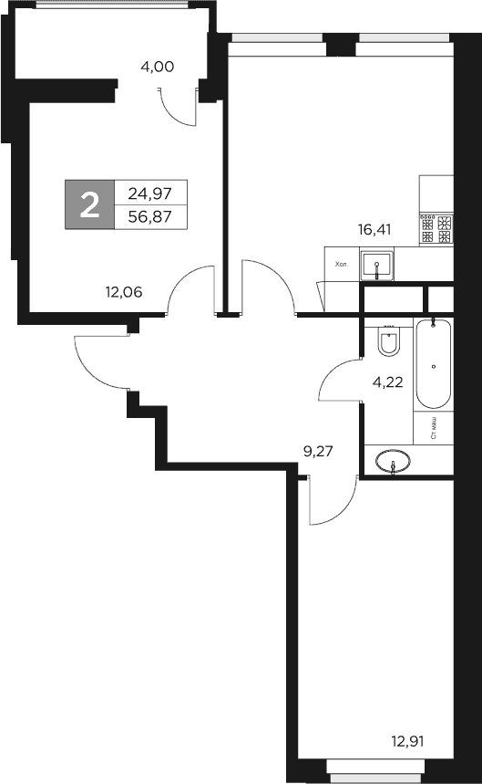 Планировка: Евротрёшка 54,9 м² в ЖК «Восток 2»