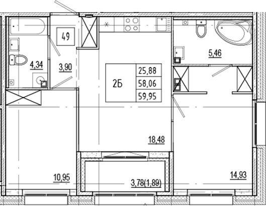 Планировка: Евротрёшка 58,1 м² в ЖК «Ranta Residence»