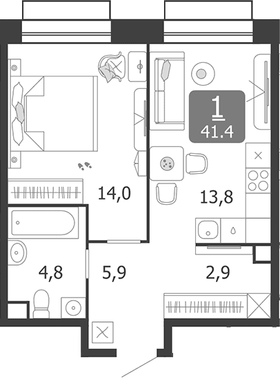 Планировка: 1-комнатная квартира 41,4 м² в ЖК «Шагал»