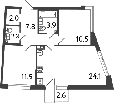 Планировка: Евротрёшка 62,5 м² в ЖК «Цвет Зеленогорска»