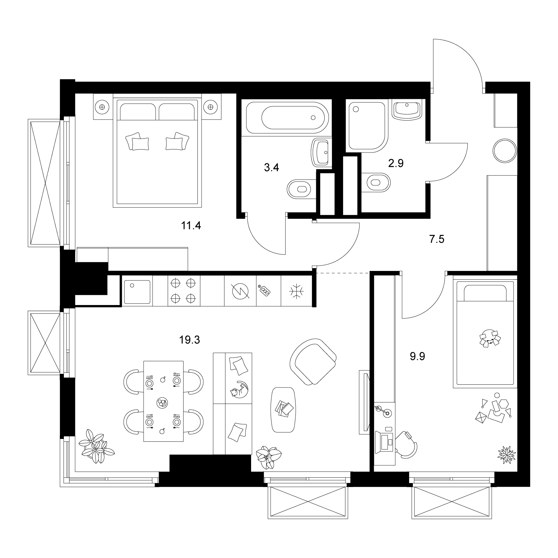 Планировка: 2-комнатная квартира 54,4 м² в ЖК «2-й Иртышский»