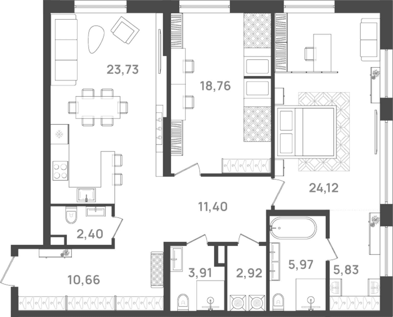 Планировка: Евротрёшка 110,9 м² в ЖК «6 Квартал»
