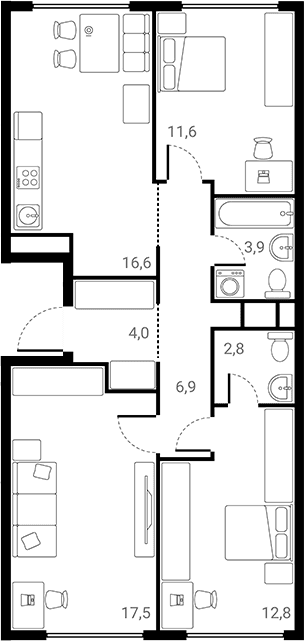 Планировка: 3-комнатная квартира 76,1 м² в ЖК «Лесная Коллекция»