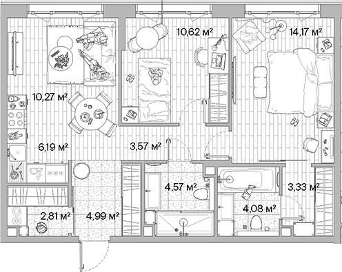 Планировка: Евротрёшка 64,6 м² в ЖК «МЫС»
