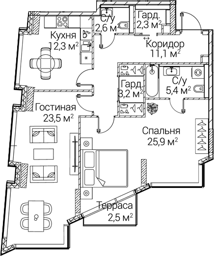 Планировка: 2-комнатная квартира 84,8 м² в ЖК «СЕЗАР БУДУЩЕЕ»