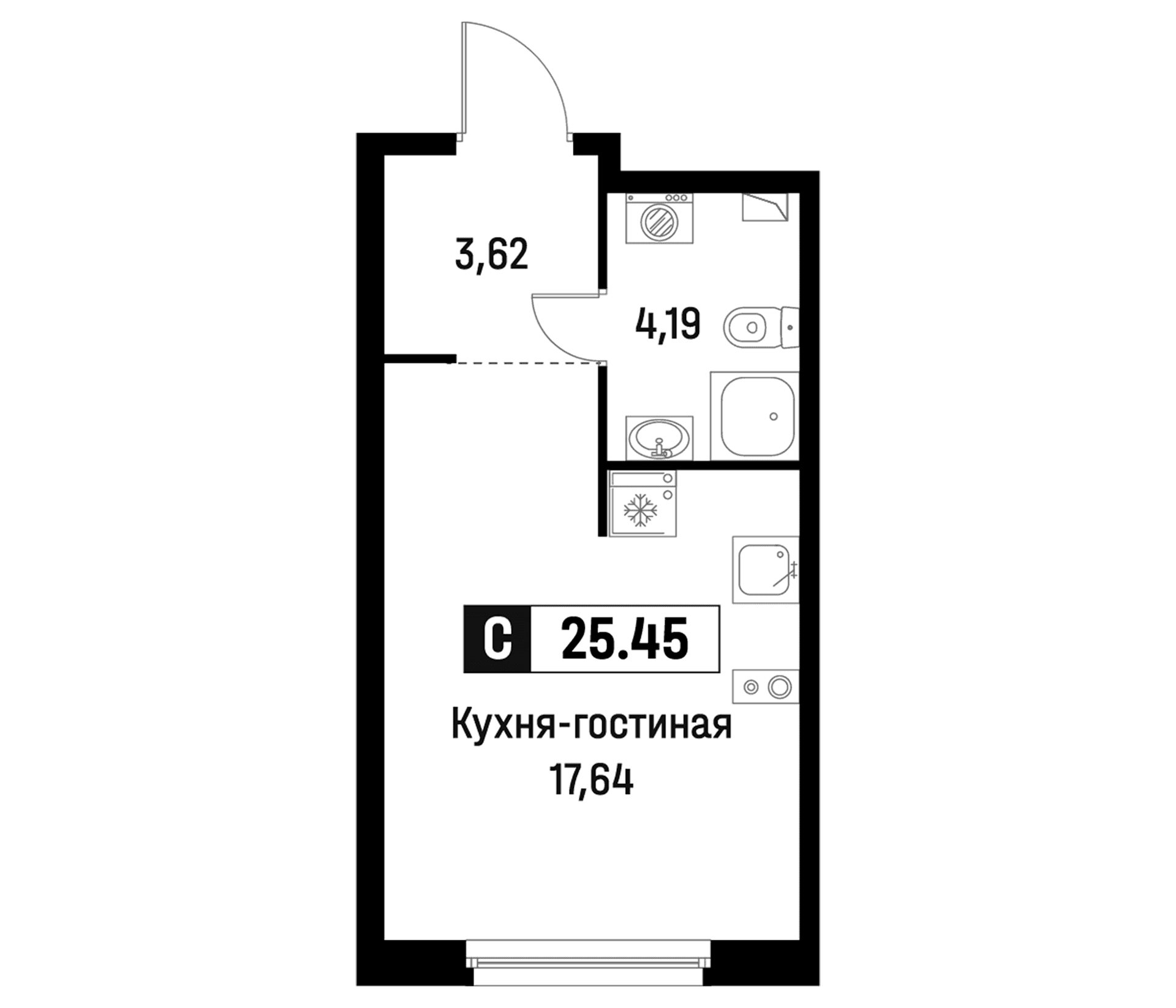 Планировка: Студия 25,5 м² в ЖК «Максималист»