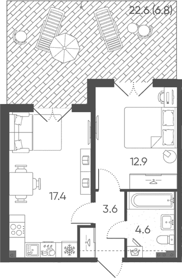 Планировка: Евродвушка 38,5 м² в ЖК «Пулково Лейк»