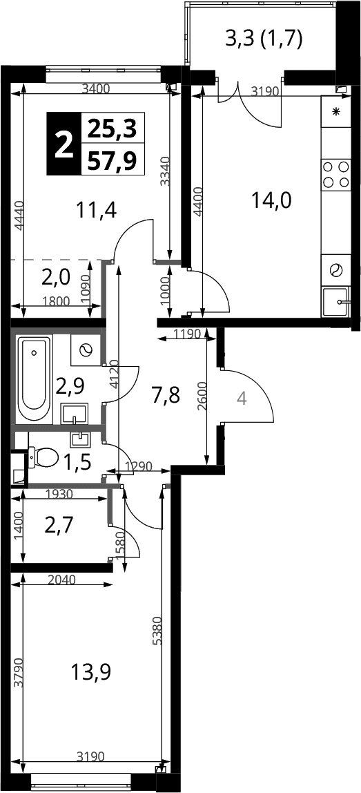 Планировка: 2-комнатная квартира 56,2 м² в ЖК «1-й Химкинский»