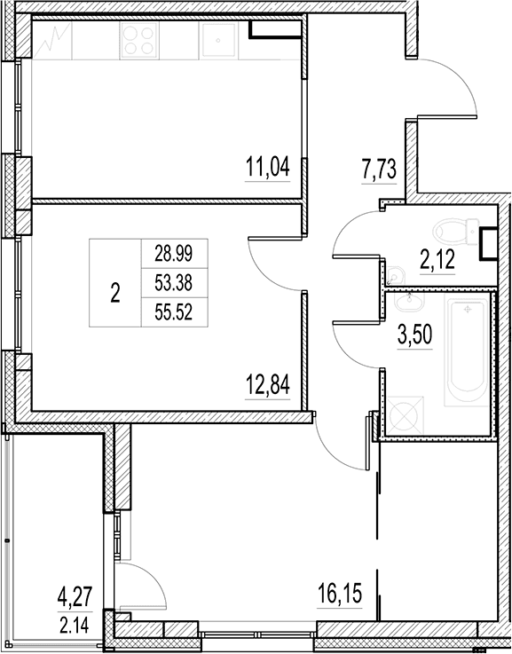 Планировка: 2-комнатная квартира 53,4 м² в ЖК «Город-спутник Южный»