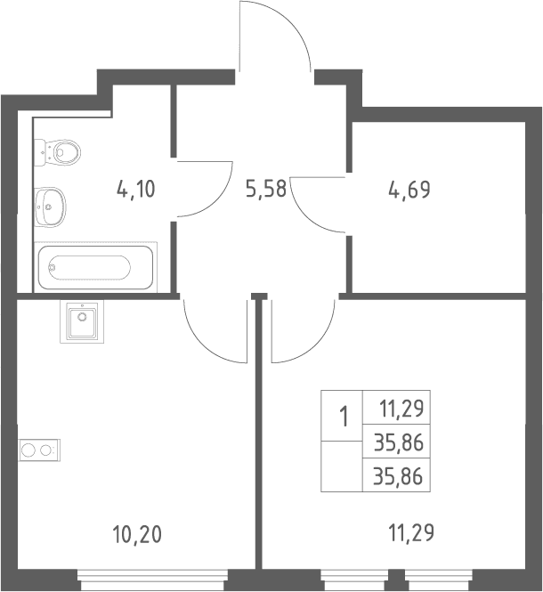 Планировка: 1-комнатная квартира 35,9 м² в ЖК «Пригород Лесное»