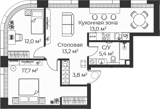 Планировка: Евротрёшка 65,1 м² в ЖК «Веер»