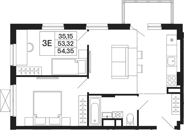 Планировка: Евротрёшка 53,3 м² в ЖК «Базаева 11»