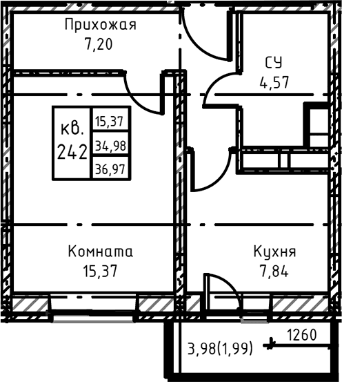 Планировка: 1-комнатная квартира 37,8 м² в ЖК «Высокий Берег»
