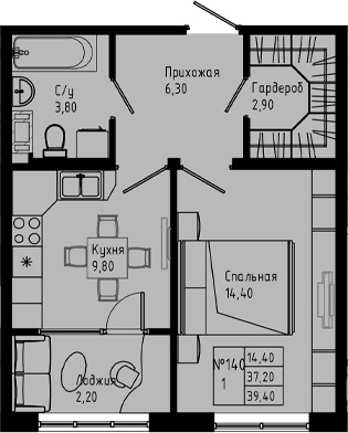 Планировка: 1-комнатная квартира 37,2 м² в ЖК «PIXEL»