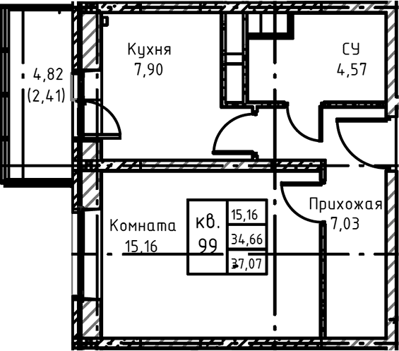 Планировка: 1-комнатная квартира 38,2 м² в ЖК «Высокий Берег»