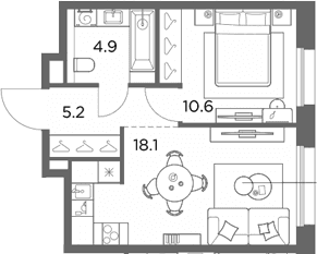 Планировка: 1-комнатная квартира 38,8 м² в ЖК «Станиславский»