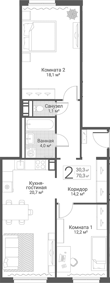 Планировка: Евротрёшка 70,3 м² в ЖК «Руднева, 15»
