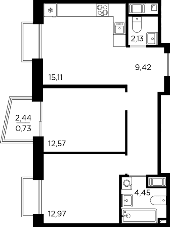 Планировка: Евротрёшка 56,7 м² в ЖК «Респект»