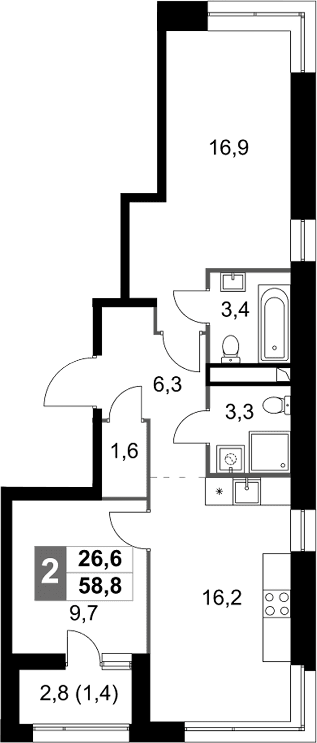 Планировка: Евротрёшка 57,4 м² в ЖК «Скай Гарден»