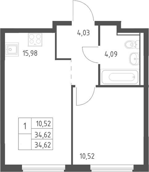 Планировка: Евродвушка 34,6 м² в ЖК «Егорово парк»