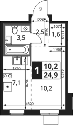 Планировка: Студия 25,5 м² в ЖК «1-й Ясеневский»