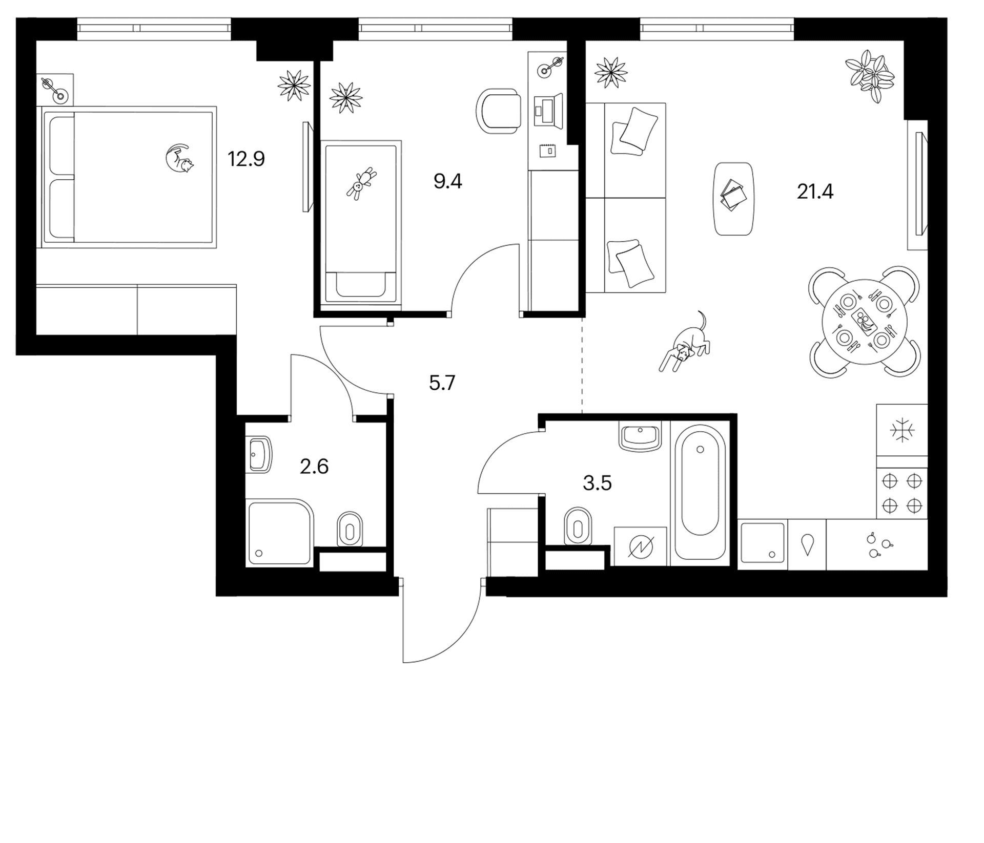 Планировка: 2-комнатная квартира 55,5 м² в ЖК «Белая Дача парк»