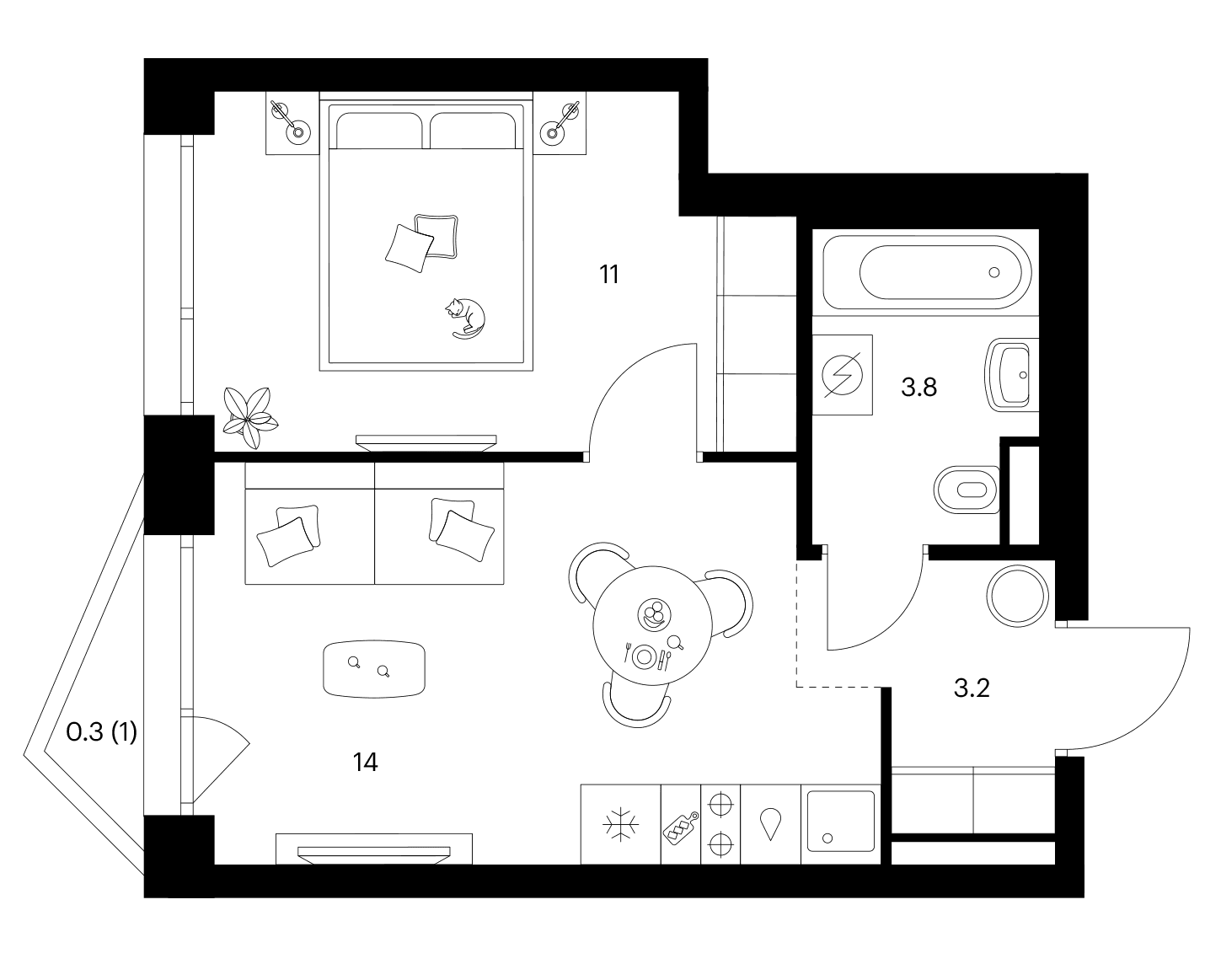 Планировка: 1-комнатная квартира 32 м² в ЖК «Строгино 360»