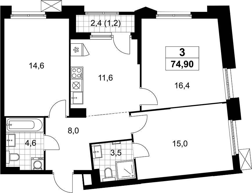 Планировка: 3-комнатная квартира 73,7 м² в ЖК «Деснаречье»