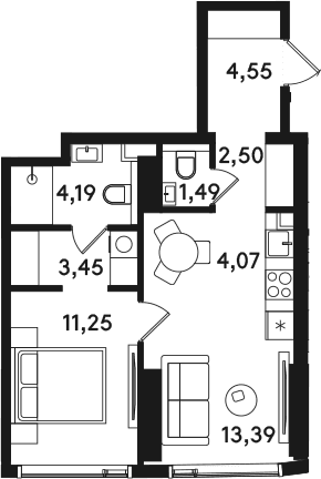 Планировка: Евродвушка 44,9 м² в ЖК «СОЛОС»