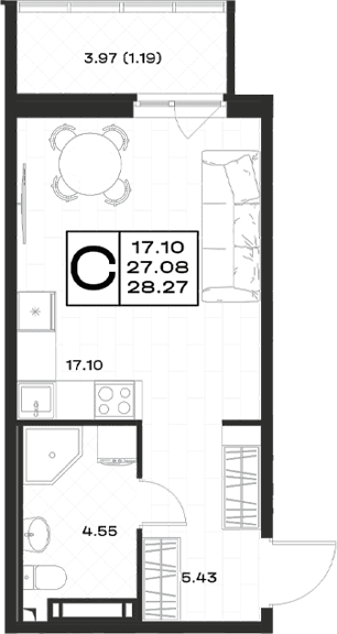 Планировка: Студия 27,1 м² в ЖК «Имена»