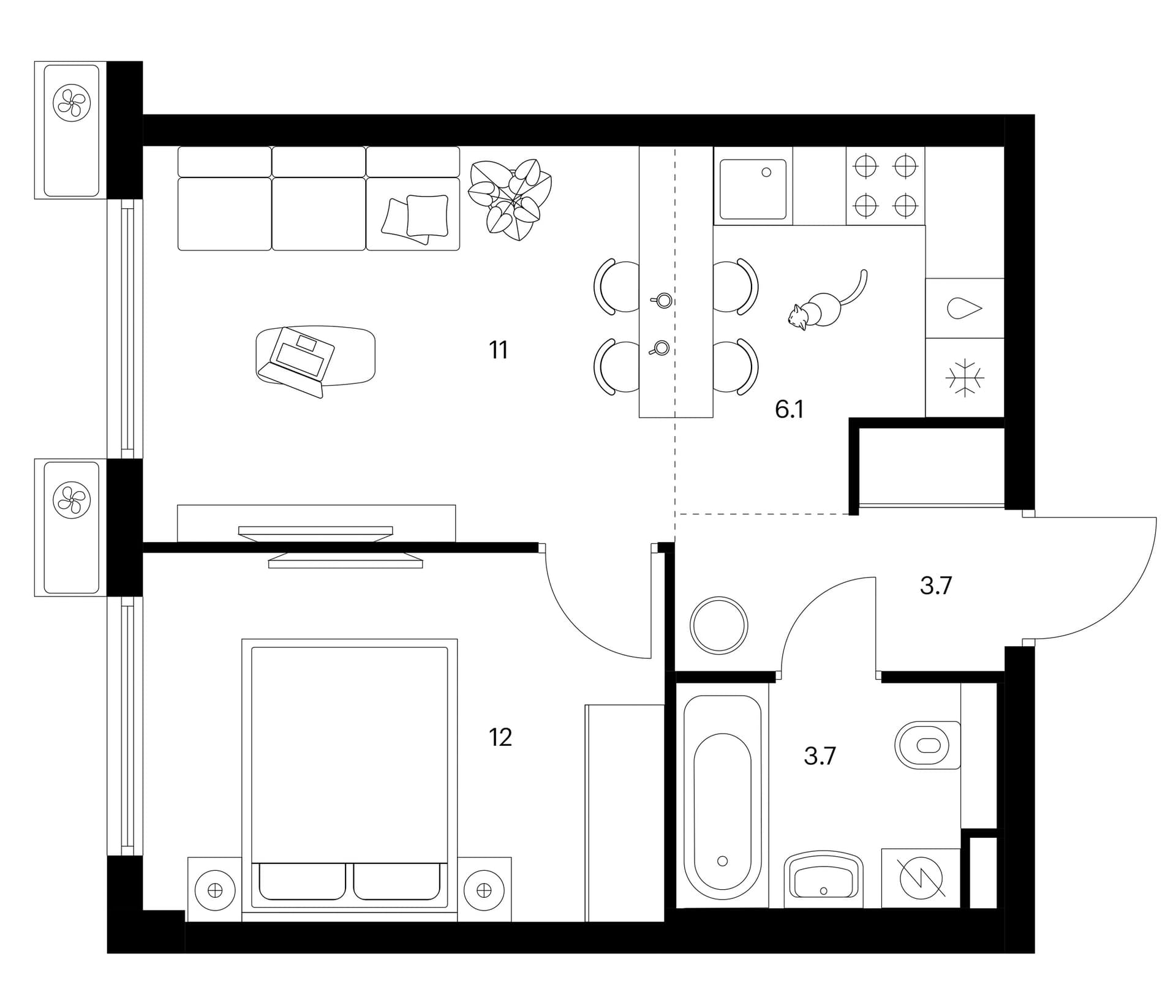 Планировка: Евродвушка 36,5 м² в ЖК «Белая Дача парк»