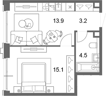 Планировка: Евродвушка 36,7 м² в ЖК «ОМ Ботанический»