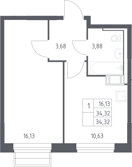 Планировка: 1-комнатная квартира 34,3 м² в ЖК «Томилино Парк»