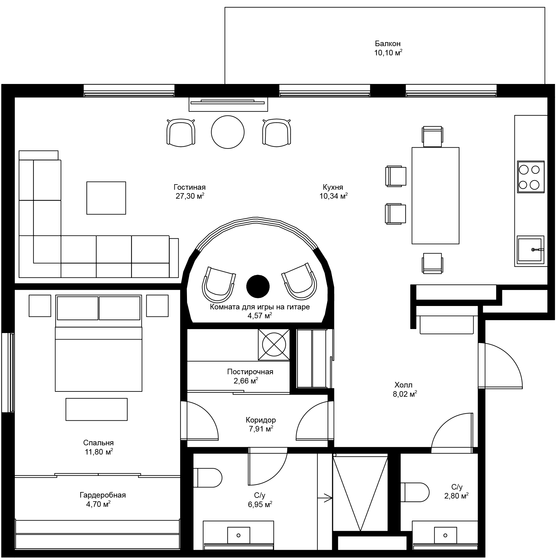 Планировка: Евродвушка 88,4 м² в ЖК «River Residences»