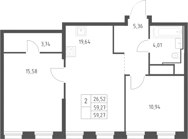 Планировка: Евротрёшка 59,3 м² в ЖК «Квартал на воде»