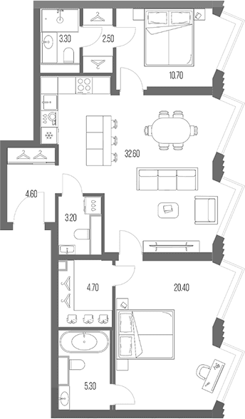 Планировка: 2-комнатная квартира 87,3 м² в ЖК «Северный Порт»