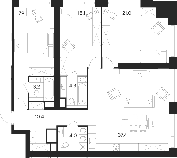 Планировка: Квартира евро-4 113,3 м² в ЖК «Инди Тауэрз от Аквилон»