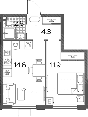 Планировка: Евродвушка 33,6 м² в ЖК «Лучи»