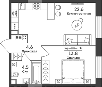 Планировка: Евродвушка 45,5 м² в ЖК «ЭРА»