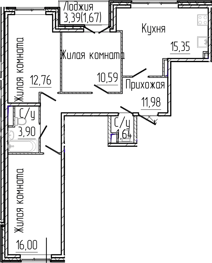 Планировка: Квартира евро-4 72,2 м² в ЖК «Сертолово Парк»
