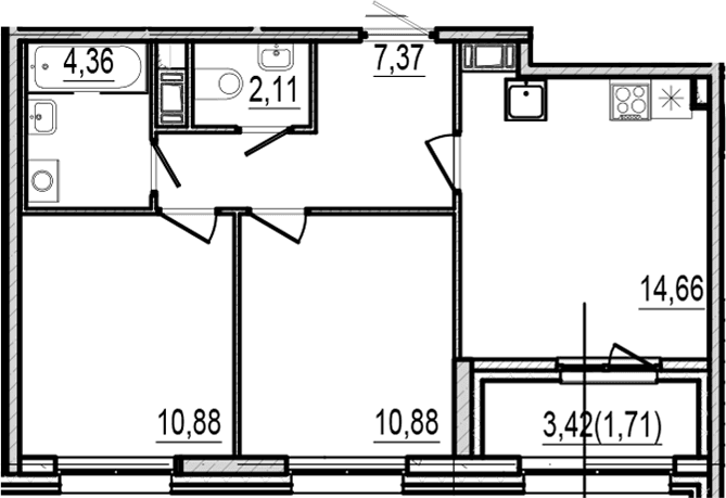 Планировка: 2-комнатная квартира 50,3 м² в ЖК «Оптимист»